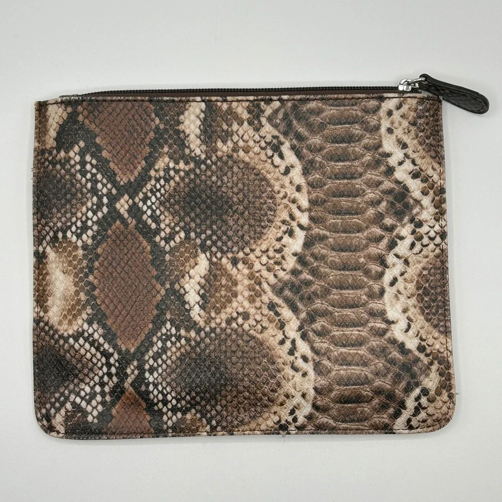 Liz Claiborne Faux Leather Snakeskin Print Pouch Clutch Makeup Bag Brown Neutral